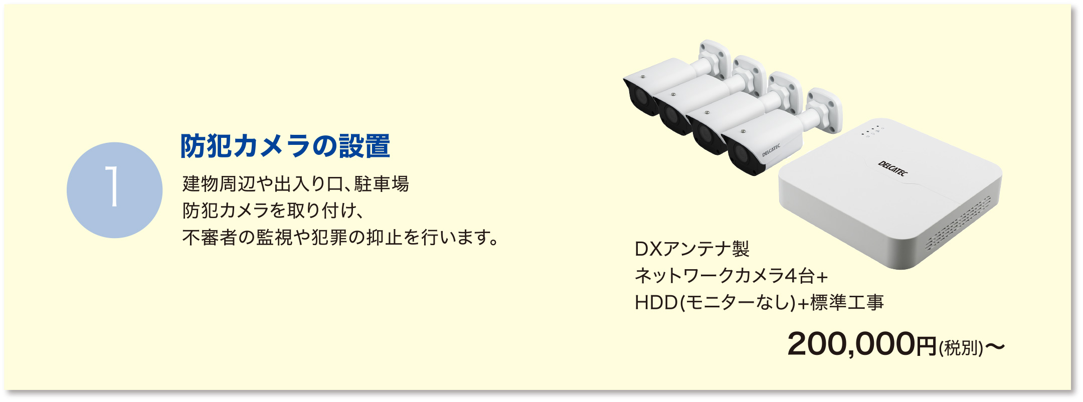 【防犯カメラの設置】建物周辺や出入り口、駐車場防犯カメラを取り付け、不審者の監視や犯罪の抑止を行います。：DXアンテナ製ネットワークカメラ4台+HDD(モニターなし)+標準工事