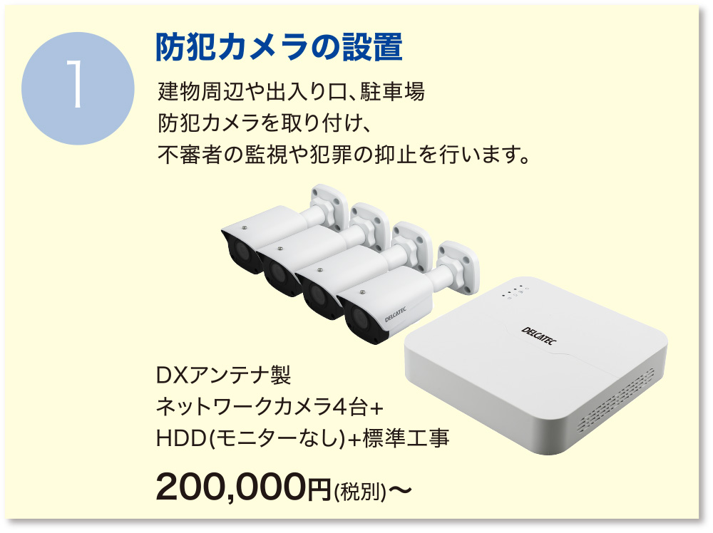 【防犯カメラの設置】建物周辺や出入り口、駐車場防犯カメラを取り付け、不審者の監視や犯罪の抑止を行います。：DXアンテナ製ネットワークカメラ4台+HDD(モニターなし)+標準工事